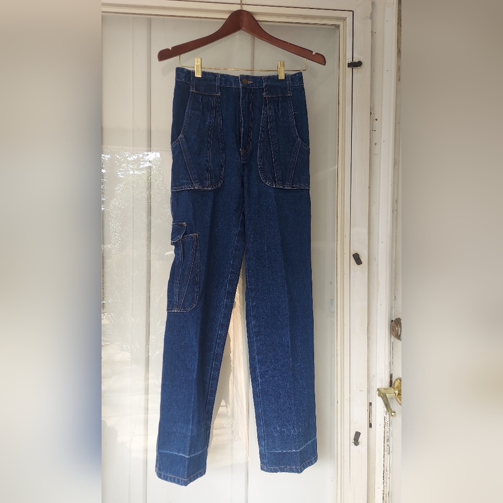 Real Retro Rigoletto High Waist Straight Leg Blue Jeans Utility Pocket